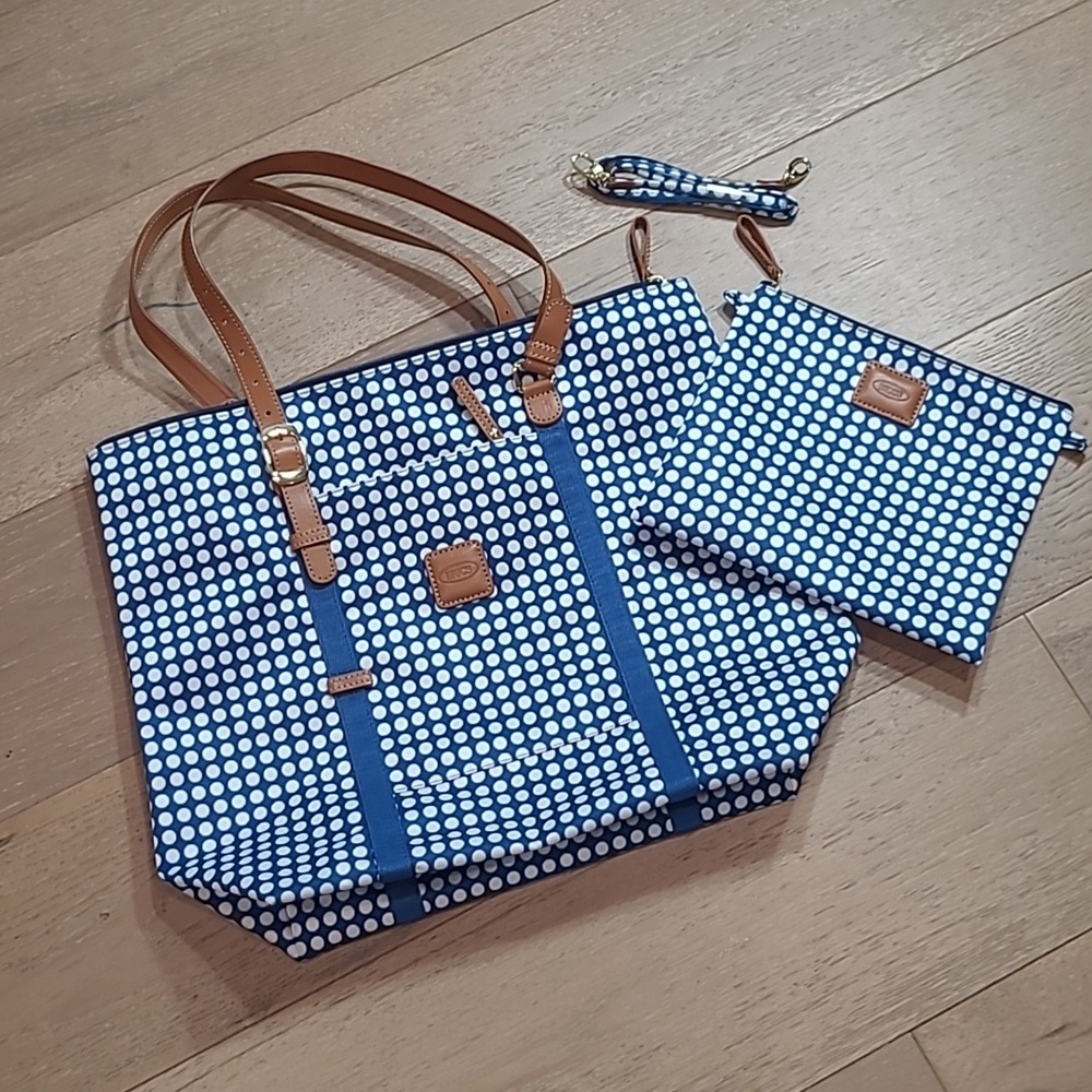 NWOT Bric's Life Tote Bag Set Women's Large Blue Polka Dot Shopping/Travel Bags
